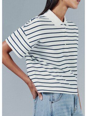 ME+EM Cotton Stripe Crop Polo Top, Size 8, Medium, Black White